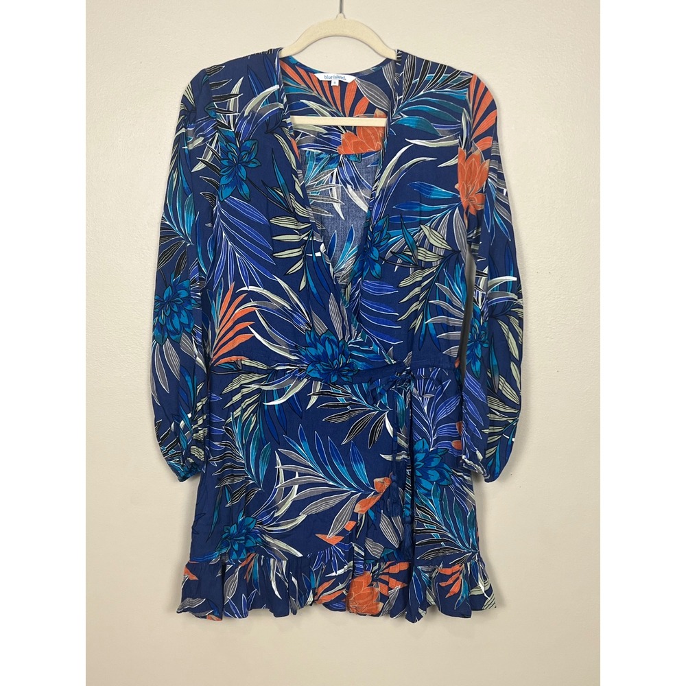 Blue Island Tropical Floral Wrap Mini Dress Navy Orange‎ Rayon Small 5921-8383